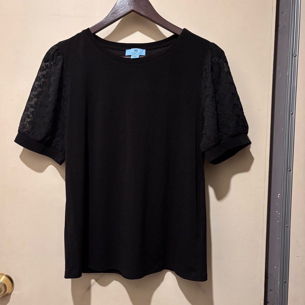 CeCe Black Short Sleeve Top with Lace Detail